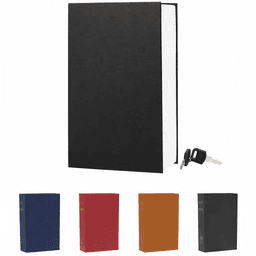 A book-shaped safe in black, with keys, and three additional books in blue, red, orange, and grey.