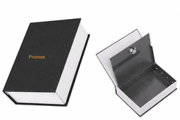 A book-shaped box in black with a silver interior, featuring a clasp closure and a logo on the cover.