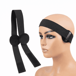 A black headband with velcro straps is displayed on a mannequin head. The design includes circular fabric pads.