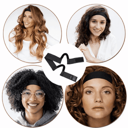 A set of hairbands in black, displayed on models with various hairstyles, featuring an elastic design.