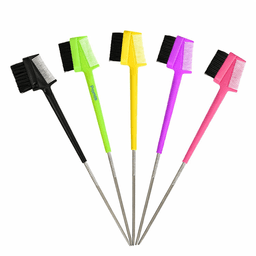 A set of five hairdressing brushes in black, green, yellow, purple, and pink, each with a comb and brush end.