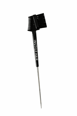 A hairbrush with a fine tooth comb and a bristle brush, featuring a black handle and an attached point.