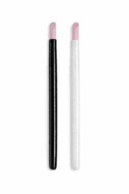Two nail art tools, one black and one white, featuring soft pink tips. Each has a sleek, slender design.