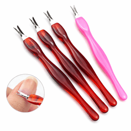 A set of four cuticle nippers in red and pink, featuring a sleek design and sharp metal tips.