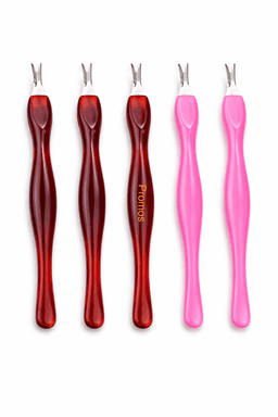 A set of five forked tools in red and pink, with one featuring a logo. Each has a smooth, curved handle.