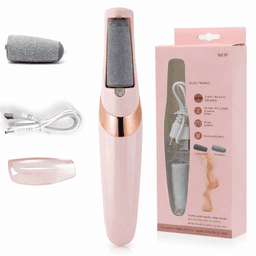 A pink electronic foot file with a rose gold accent, includes replacement heads and a charging cable, packaged in a box.