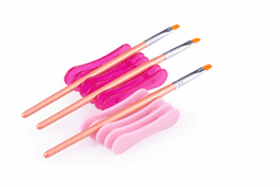 Three makeup brushes with pastel pink and vibrant pink holders, featuring metallic handles and angled bristles.