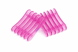A set of transparent pink hair clips arranged in a row. Each clip has a smooth, elongated shape.