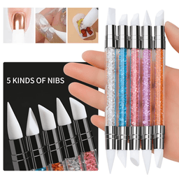 A set of five multi-coloured nail art tools with varied nibs, featuring a shiny metallic finish and decorative elements.