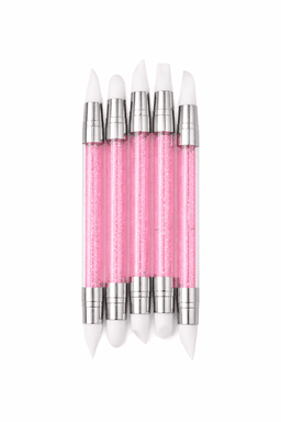 A set of five pink glittery tools with white ends, featuring metallic silver accents.