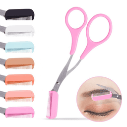 Eyebrow trimming scissors with a comb in pink, accompanied by various comb colours including black, white, and blue.