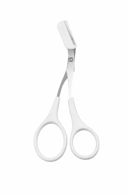 White eyebrow trimming scissors with a comb attachment, featuring a stainless steel blade and rounded tips for safety.