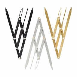 A set of compasses in black, silver, and gold, featuring pointed tips and measurement markings. Each has a logo.