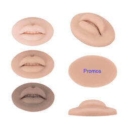 A collection of realistic lip models in various shades, including a promotional item with branding.