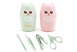 A set of owl-shaped grooming kits in mint green and blush pink, featuring a file, nail clippers, scissors, and tweezers.