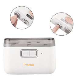 A compact device with a white body and a translucent top, featuring buttons and ports, including a logo.
