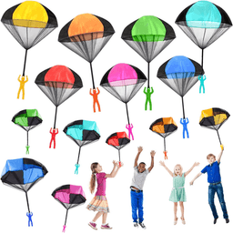A variety of colourful parachute toys in different sizes and designs, featuring small figures attached to parachutes.