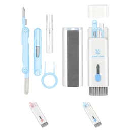 A set of electronic cleaning tools in blue and white, including various brushes, a spatula, and a spray bottle.