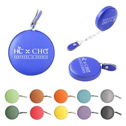 A purple PU leather mini tape measure with a keyring attachment, featuring a circular design and various colour options shown below.