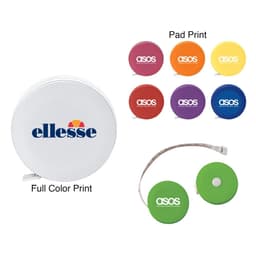 A 5' tape measure in various colours, including green, purple, yellow, and red, with branding on some.