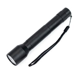 A black flashlight with a textured grip and a wrist strap, powered by 2 AA batteries.