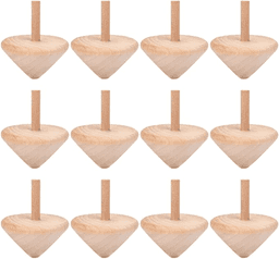 Twelve wooden spinning tops are arranged in two rows, featuring a natural wood finish and round bases with tapered handles.