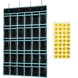 A black wall chart organiser with turquoise trim featuring 30 pockets, accompanied by a sheet of yellow number stickers.