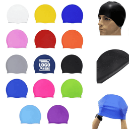 A collection of swimming hats in various colours, including black, pink, blue, yellow, and green, with one featuring a logo.