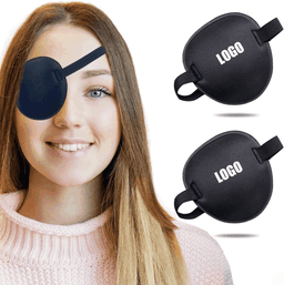 A black pirate eye mask is displayed, worn by a smiling woman, with two additional masks shown alongside.