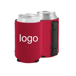 A drink bottle cooler in red with a black magnetic strip and a visible logo. Two cans fit inside.
