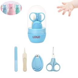 A baby manicure set in blue with scissors, nail clippers, a file, and a tool, packaged in a clear case.