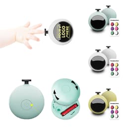 A mint green baby electric nail trimmer with interchangeable heads and a circular design, featuring a logo space.