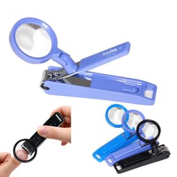 A nail clipper with a magnifying glass, available in purple and black, features a sleek design and has a logo.