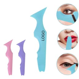 A set of three silicone eyeliner stencils in blue, pink, and purple, featuring different shapes for winged eyeliner application.