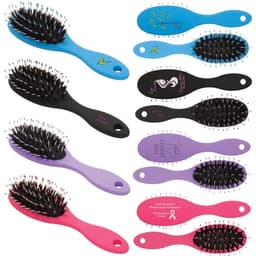 A variety of hair brushes with handles in purple, black, and a mix of other colours, featuring different designs and branding.
