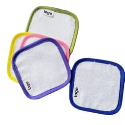 A set of square makeup remover pads in white with colourful borders: yellow, pink, green, and purple. Each pad has a logo.