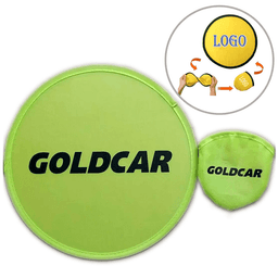A bright yellow frisbee with a pocket for storage, featuring a logo and a carry pouch in green.
