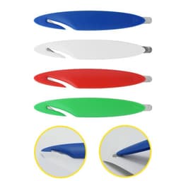 A letter opener and staple remover set featuring blue, white, red, and green colours, with a sleek design and branding.