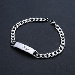A stainless steel bracelet with a shiny silver finish and a logo on the central plate.