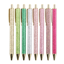 A set of eight ballpoint pens in glittery green, silver, pink, and gold, with gold hardware detailing.