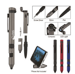 A 6-in-1 tool pen in grey with additional components displayed, including a compass and LED light, alongside red and blue options.