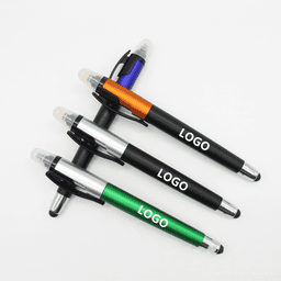 A 3-in-1 highlighter stylus pen set in green, orange, black, and silver, featuring logos on each pen.