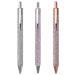 A set of three rhinestone pens in silver, purple, and rose gold, each featuring a shiny rhinestone embellishment.