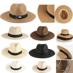 Various straw hats in shades of brown, cream, and black, featuring a black band and a logo on some.