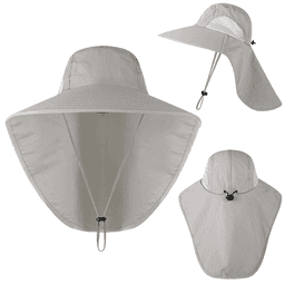 Wide brim bucket hat in light grey featuring a neck flap and an adjustable drawstring. Includes branding on the hat.