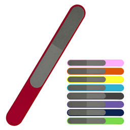 A red nail file with a textured surface, accompanied by a variety of coloured nail files in shades like pink, blue, and green.