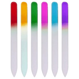 A set of six glass nail files in various colours: red, yellow, green, pink, and purple, with a transparent base.