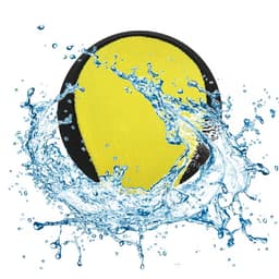 A yellow and black water skip ball surrounded by splashes of water, featuring a logo on the surface.