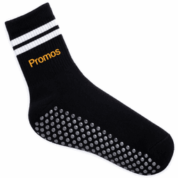 A black sock with white stripes at the top and rubber grips on the sole, featuring an orange logo.