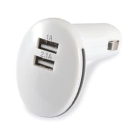 A white USB car charger with two ports, labeled 1A and 2.1A, featuring a circular design.